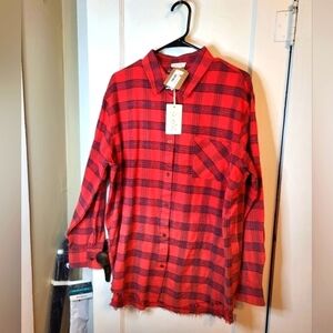 NWT Lamiel by Hyped Unicorn Med Distressed Flannel red plaid "Run Away With Me"